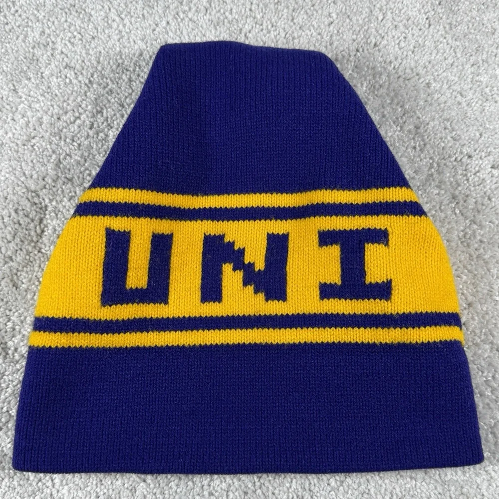 Northern Iowa Panthers UNI Winter Hat Vtg SPELL OUT Both sides ~ Purple Yellow
